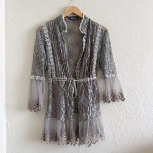 Vintage Rio Sud Gray Sheer Lace Blouse Size M